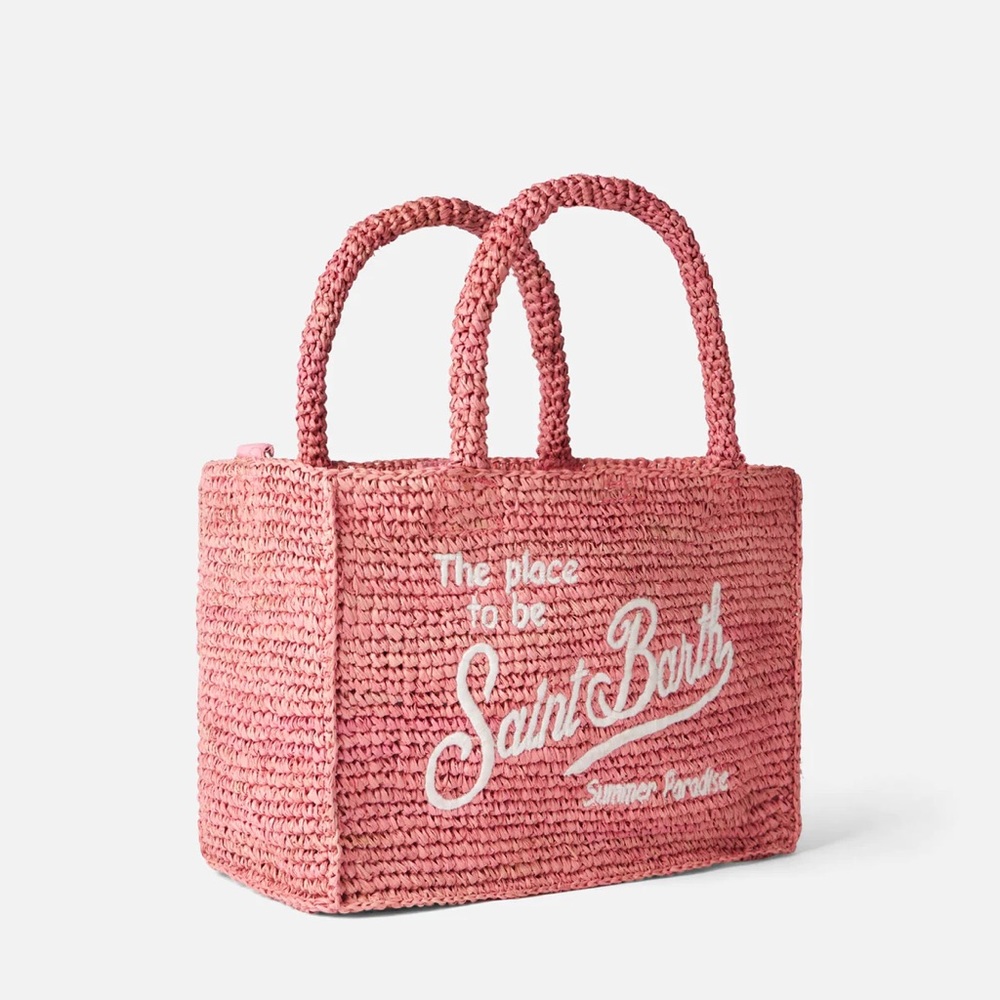 Vanity pink raffia bag with Saint Barth embroidery